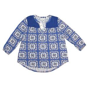 Porridge Anthropologie Womens Top M Blue White Boho Cottagecore Tile Pattern NWT